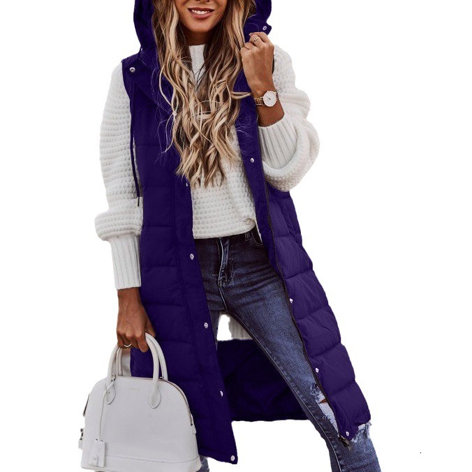 New Fashion Casual Cotton Jacket Solid Color Hooded Slim Vest Elegant Sleeveless Cardigan Mid-Length Coat for Women