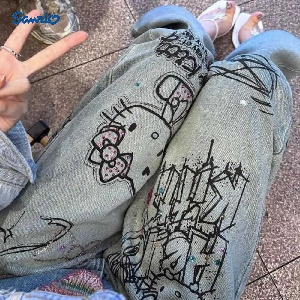 Sanrio Hello Kitty Cotton Jeans Cartoon Comfort Loose Wide Leg Pants Cute Soft Straight Leg Pants Sweet Girls Gift L250925