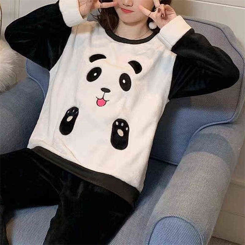 Autumn Winter Warm Flannel Women Pyjamas Set Thick Velvet Home Coral Long Sleeve Cartoon Sleepwear Flannel Pajama Nightwear 211109