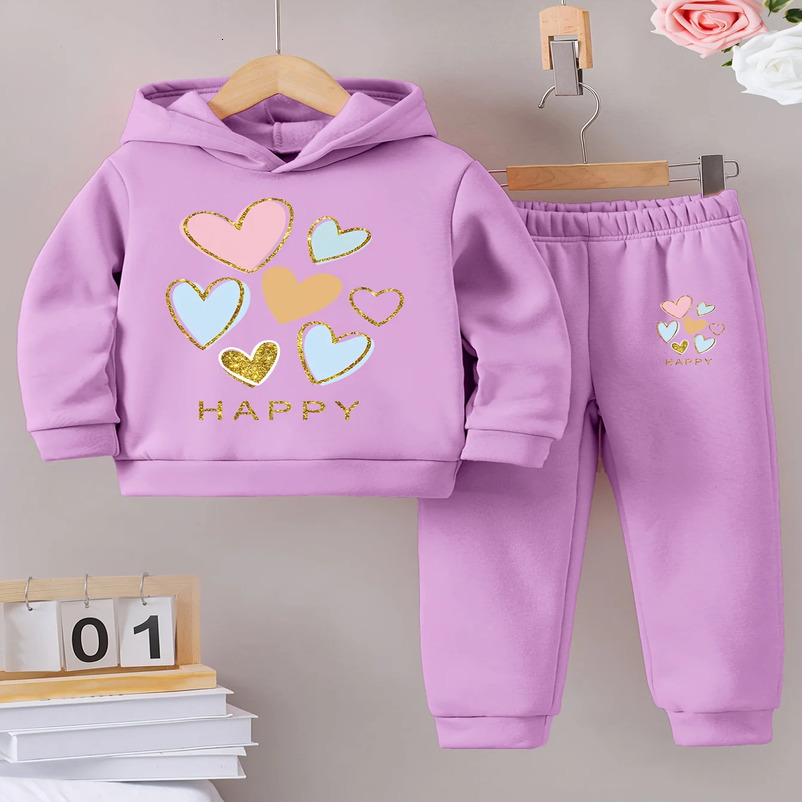 Fall/Winter casual comfort warm girls print warm lining hoodie and sweatpants set 250113
