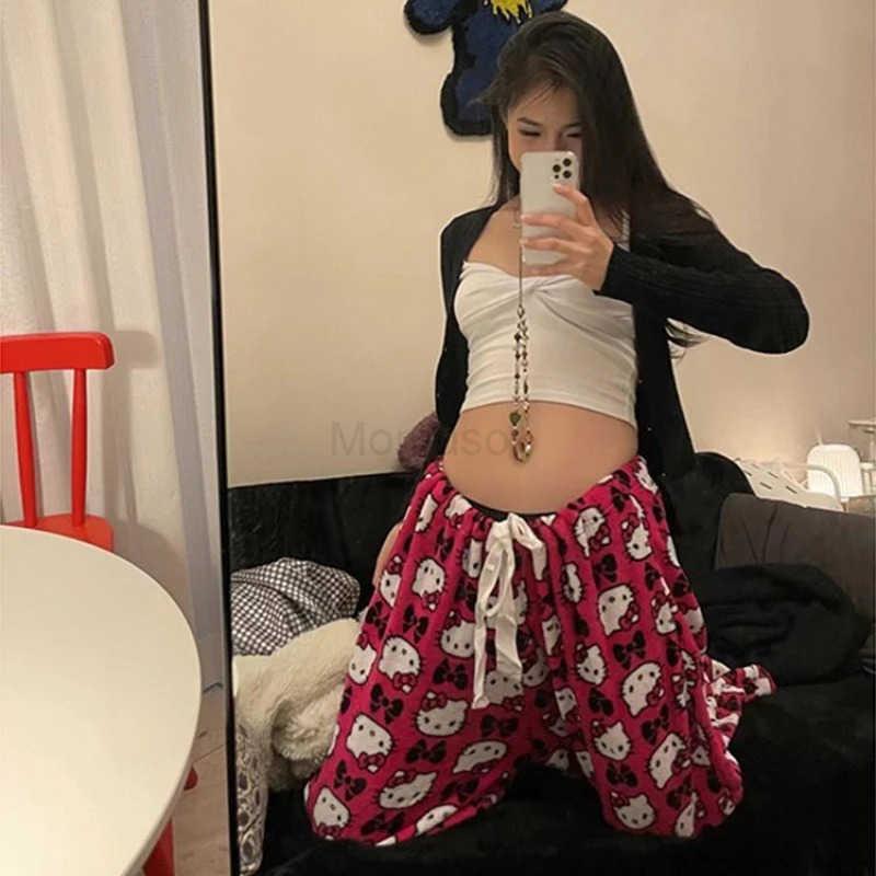 Sanrio Hello Kitty Cartoon Printing Wide Leg Pants Loose Hello Kitty Pajamas Elastic Waist Straight Casual Pants Girls Gifts L250925