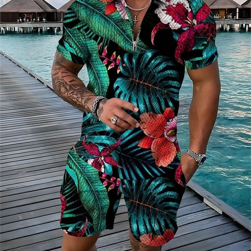 Flower 3D printed polo shirt shorts set mens fashion flower oversized short sleeved shirt pants set mens sportswear set 240930
