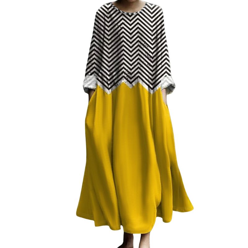 Women's Autumn & Winter Striped Patchwork Maxi Dress, Milk Silk Fashion Versatile Long - Sleeve Dress-CF55073