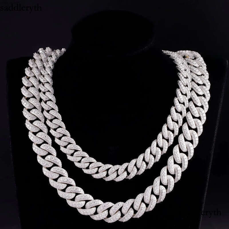 Handmade Jewelry 14mm 18mm 3row Hip Hop Necklace Sterg Sier with Round Brilliant Cut Moissanite Cuban Chain