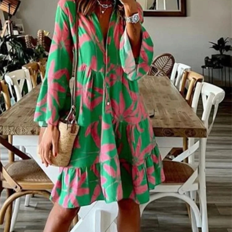 Autumn Boho Vacation Shirt Dresses For Women Sexy V-neck Flare Sleeve Elegant Ruffles Print Dress Spring Casual Loose Dress 240703