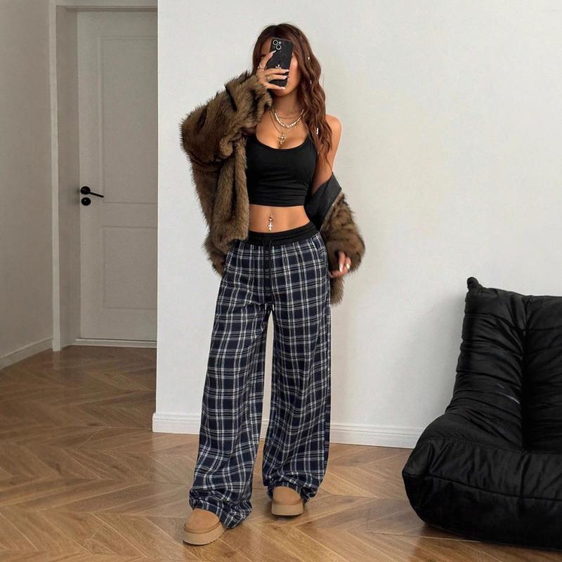 Women's Pants Casual Plaid Baggy For Woman 2025 Autumn Wide High Waist Trousers Female Clothing Z260312