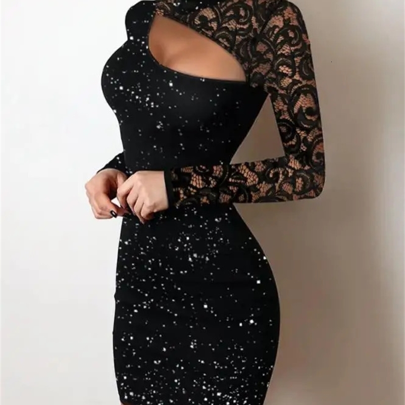 Womens Evening Dress Elegant Sexy Party Guests Shining Comparison Lace Cut Long Sleeve Tight Mini Dress 241231