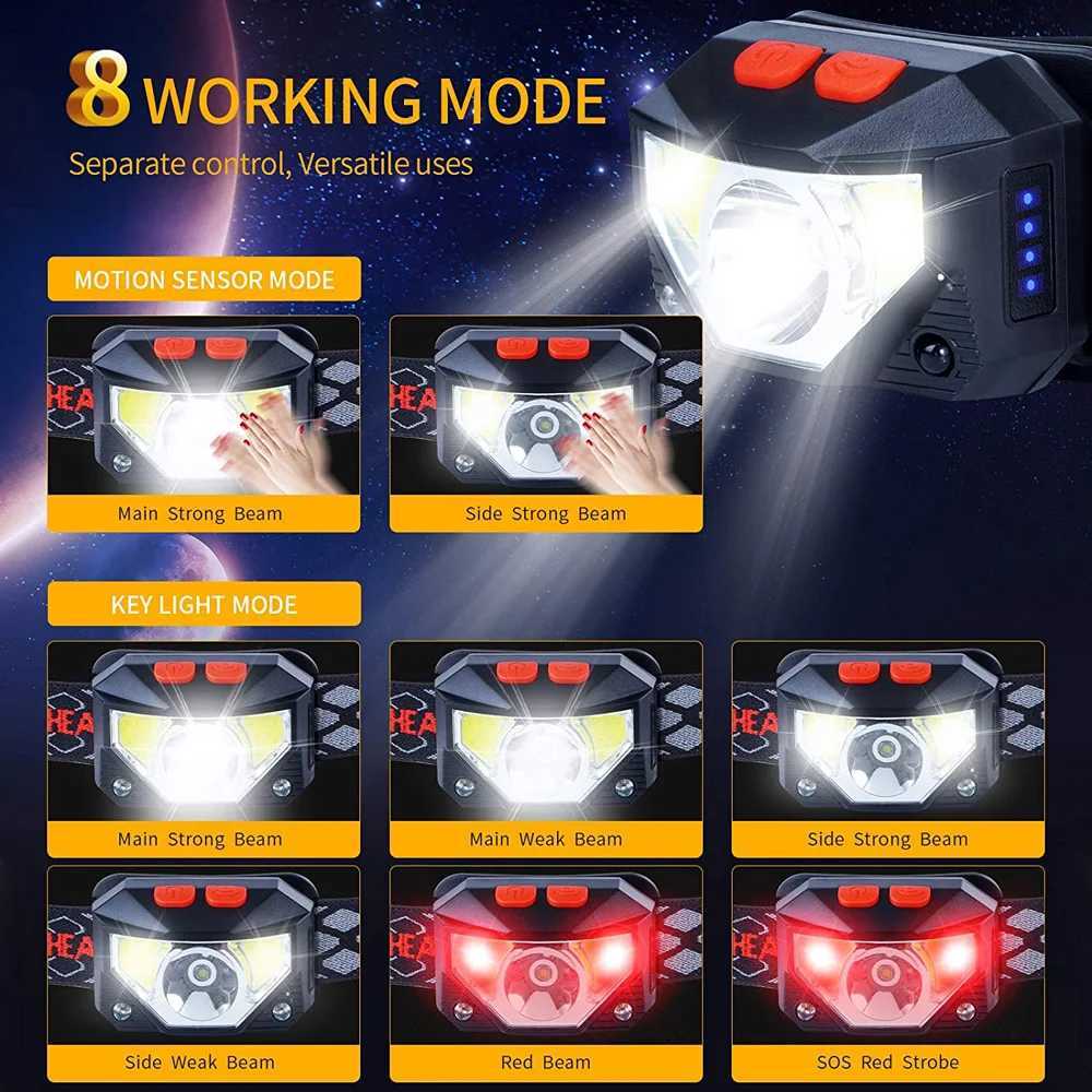 8 Modes Motion Sensor XPECOB LED Headlamp Flashlight USB Rechargeable Waterproof Camping Head lamp Running Fishing headlight J2509251