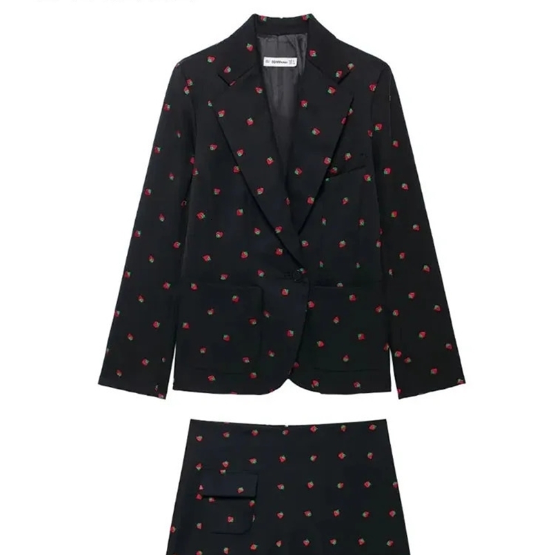 TRAF Strawberry pattern mini Skirt Sets Women 2 Pieces Fashion Strawberry Pattern Blazer Coat Two Piece Set Women Outfi 250109