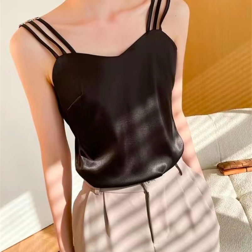 Camisoles Tanks Silk Off Shoulder Tops for Women Tank Top Women Spaghetti Thin Shoulder Strap Fashion Sexy White SATIN Vest Elegant Loose Camis 230327