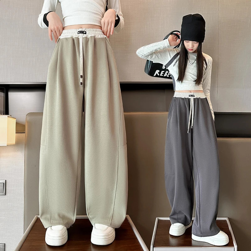 Girls Wide Leg Drawstring Pants Kids Fashion Loose Pants Children Straight Sweatpants High Waisted Spring Autumn Casual Trousers 250528