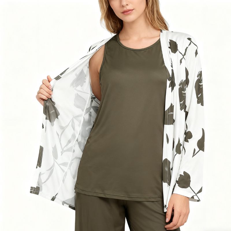 omen's Autumn Winter French - Style 3 - Piece Set: Floral Printed Cardigan + Tank Top + Wide - Leg Pants, Milk Silk Casual Commute Outfit-CF55025