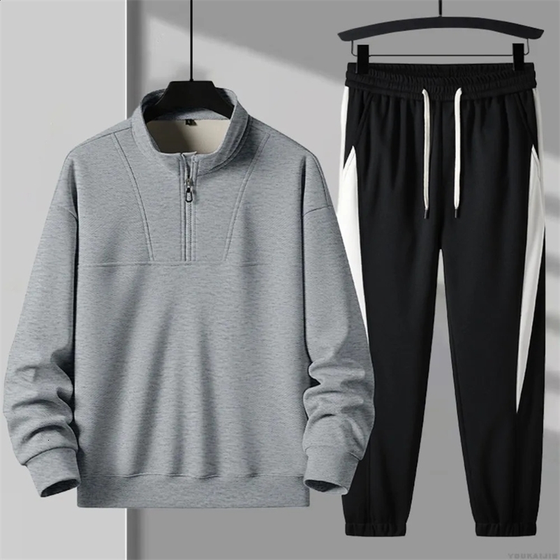 Mens 2-piece track and field suit spring and autumn quarter zipper long sleeved polo sportswear casual sportswear with pockets jogging suit 241217