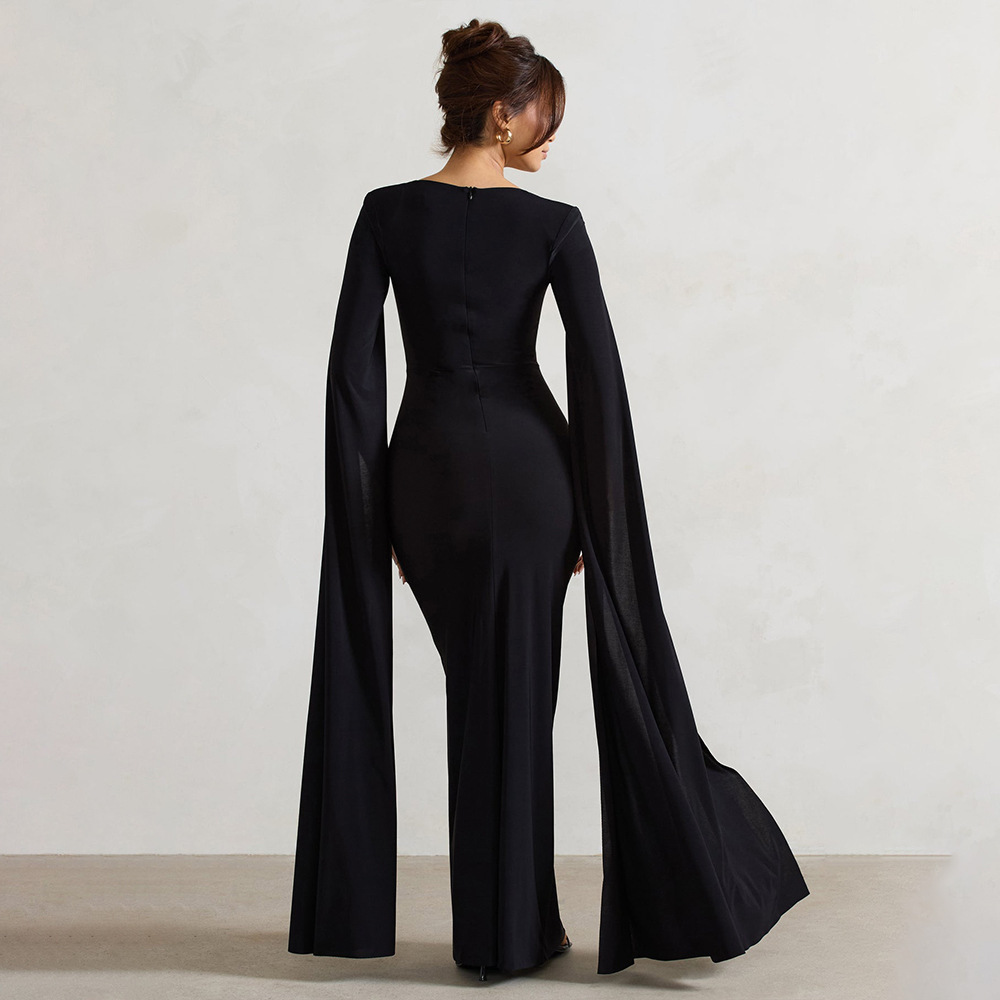 2024 New Square Neck Floor-Length Long Sleeve High Slit Solid Color Sexy Dress