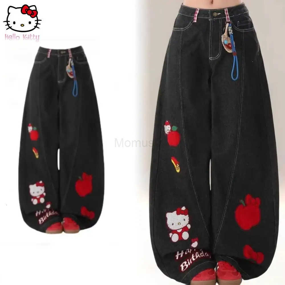 Sanrio Y2K Hello Kitty Loose Anime Wide Leg Pants Cute American Straight Leg Pants Sweet Girls Gift Cartoon Retro Women Jeans L2509251