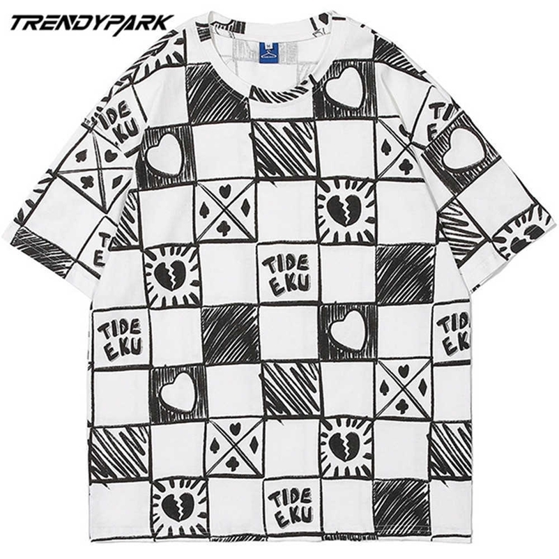 Men's T-shirt Hand Drawing Checked Plaid Summer Short Sleeve Printed Oversized Cotton Casual Harajuku Streetwear Top Tshirts 210601