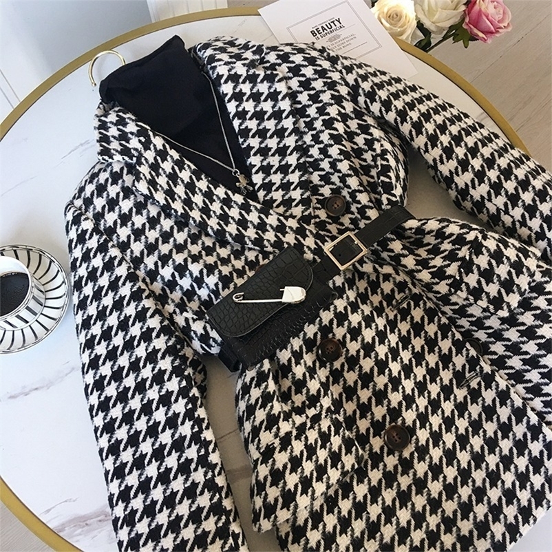 Winter women jacket new Korean version with waist bag houndstooth woolen coat suit thick and loose office ladies casual overcoat 201126