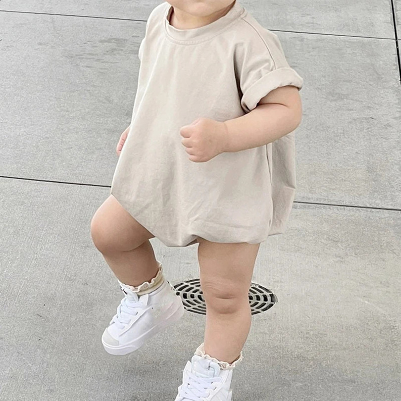 Unisex Baby Boy Girl Solid Color Short Sleeve Bubble Romper Oversized T-Shirt Bodysuit Top Summer Baby Jumpsuits Clothes 250113