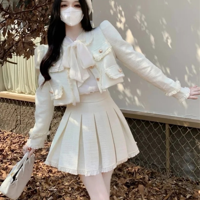 Spring French Vintage Tweed Two Piece Set Women Short Jacket Coat Pleated Skirt Suits Korean Ladies Outfits 250210