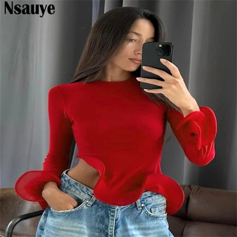 Nsauye womens long sleeved casual sexy streetwear Y2K club fashion Tshirt top ultrathin mini red irregular pleated crop Tees 240812