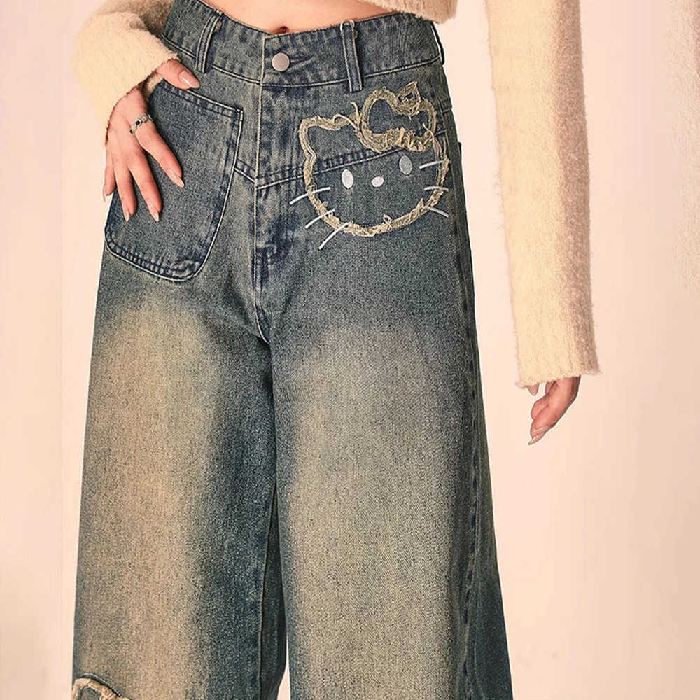 Sanrio Anime women Jeans Y2K Hello Kitty Kawaii American Style Vintage Pants Spring Autumn High Waist Trend Loose Mopping Pants L250925