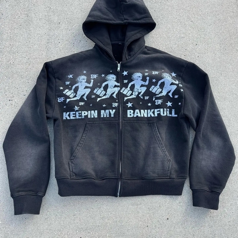 American Retro Letter Graphic Printing Super Cotton Zipper Hoodie Men Y2K Trend Harajuku Hip Hop Gothic Casual Sweatshirt 250225