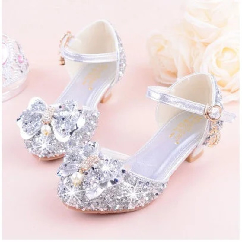 Girls Bow-knot Rhinestone high-heeled Sandals Princess Performance Dancing Summer PU Leather shoes purple pink Silver 241219