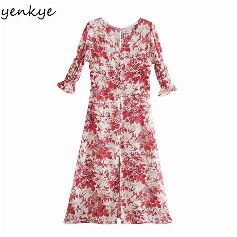 YENKYE Elegant Women V Neck Vintage Floral Print Dress Female Sexy Slits A-line Midi Summer Chiffon Dress Vestidos Mujer 210515