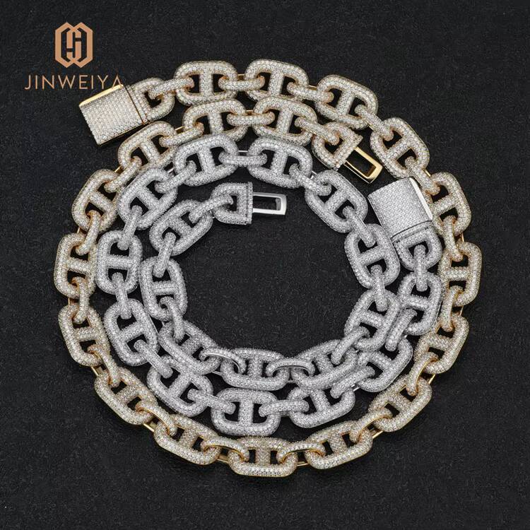 Real Hip Hop Jewelry for Men 15mm Natural CZ Moissanite Stone Necklace with Iced Out Gold Plated Brass Chain Fashion Link Chain