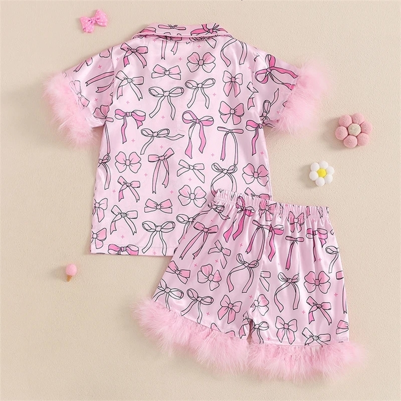 Girls Summer Pajama Set with Cute Bow Print Short Sleeve Shirt and Elastic Waist Shorts for Comfortable Sleepwear Loungewear 250328