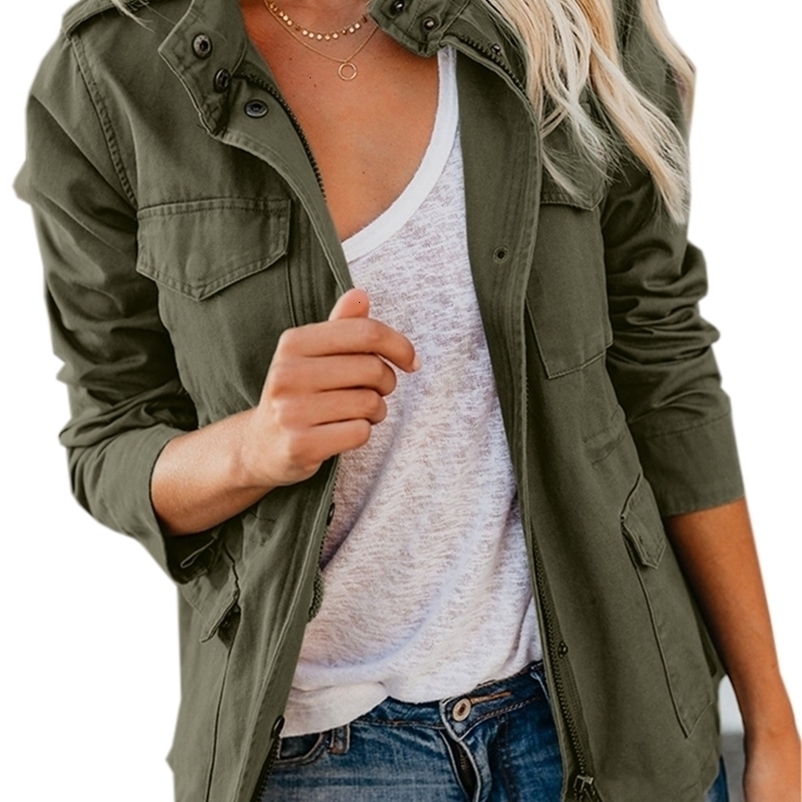 Women's Jackets Women Zipper Jacket Autumn Female Outerwear Long Sleeve Casual Streetwear Coat Windbreaker Anorak Stand Collar Military Jackets 2