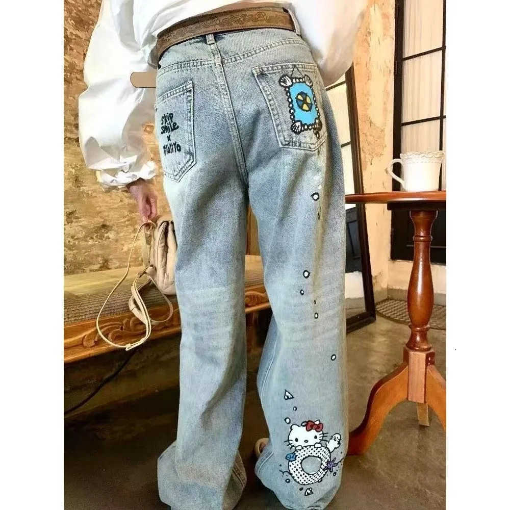 Sanrio Kawaii HelloKitty Streetwear Jeans Woman Hip Hop Style Distressed Washed Ripped Design Loose Fit Oversized Wide Leg Pants L250925