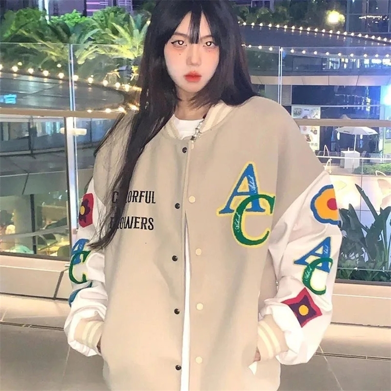 American Retro Jacket Women Embroidered Hip Hop Letter Loose Long Sleeve Patchwork Baseball Uniform Lady Winter Warm Outerwear 241205