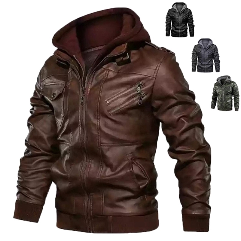 Men's Leather Faux Men Jackets PU Hooded Coats Mens Autumn Winter Motorcycle Biker Male European Size 220913