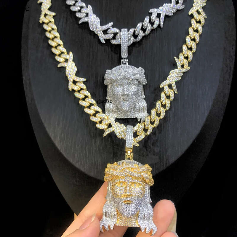 Hip Hop Jesus Face Pendant Necklace with Cuban Chain Jewelry Set Gold Plated