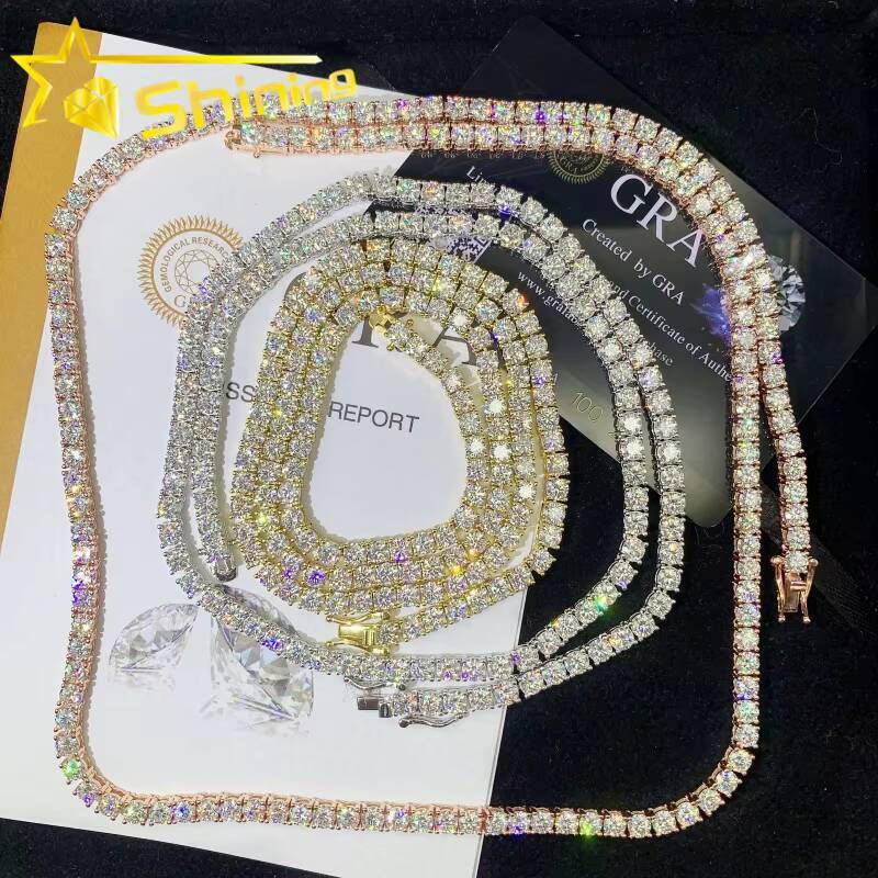 Trendy Hip Hop Jewelry 925 Silver Moissanite Chain GRA Certificated Pass Diamond Tester 4MM Moissanite Tennis Necklace
