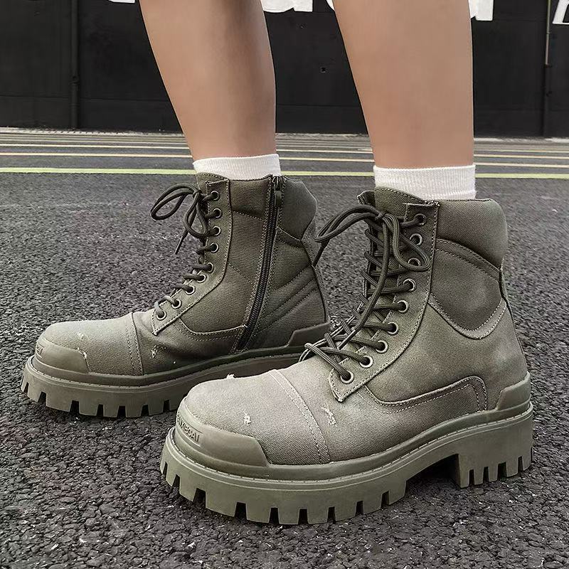 designer Boots in green cotton canvas couple martin boots high quality Combat Strike 20mm cotton canvas upper classic round toe boots autumn winter br
