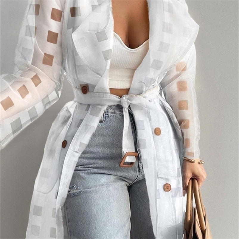 Women's Jackets Fashion Women See Through Outdoor Tops Lace Up Spring Solid Sheer Mesh Long Sleeve Buttoned Coat With Belt Elegant Shirts 221109