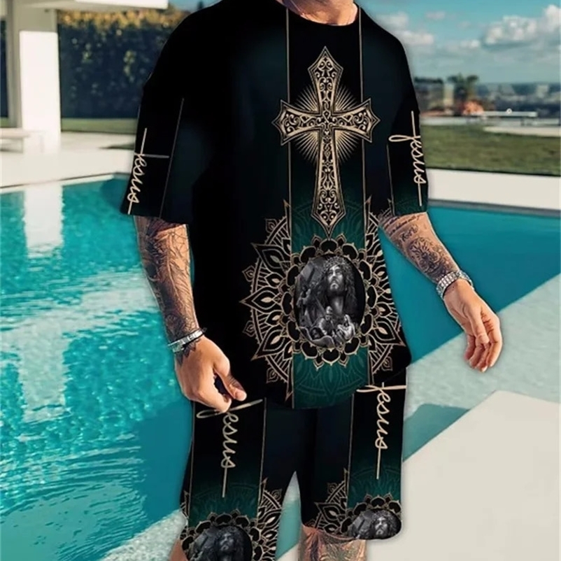 Summer Men Sets Shorts Outfits Male Clothing Street T Shirt Two Piece 3D Print Casual O-Neck Tracksuit Oversized Beach Sportwear 240106