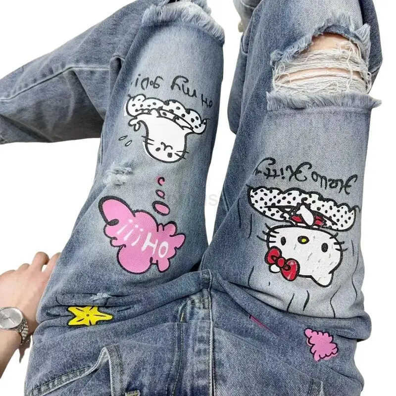 Sanrio Y2K Hello Kitty Jeans American Style Retro Print WideLeg Jeans Loose Slim Jeans Drape Straight Tube TowelWearing Pants L250925