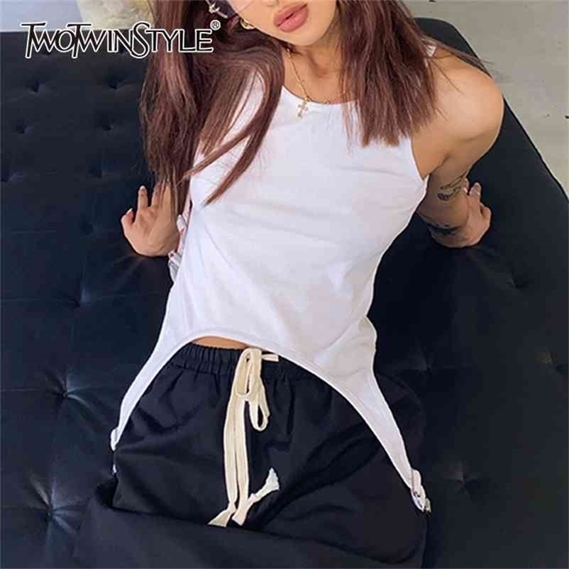 TWOTYLE White Irregular Hem Vest For Women Square Collar Sleeveless Minimalist Solid Slim Tank Tops Female Fashion 210625