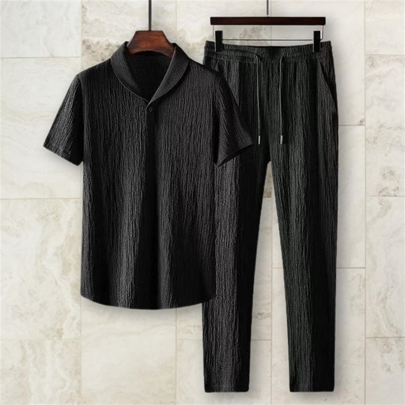 Men's Tracksuits 2Pcs/Set Summer Men's Suit Elastic Waistband Pleated Casual Outfit Men Business Short Sleeve Shirts Long Pants Set Male Clo