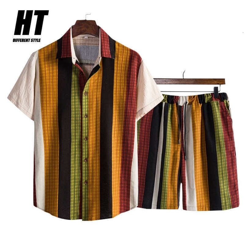 Men Sets Hawaiian Floral Print Shirt Set 2 Pieces Outfit +Beach Shorts Casual Wear Holiday Suits Summer Male Streetwear 210603