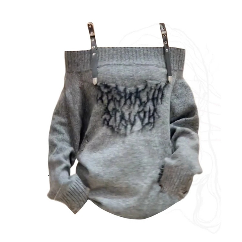 American Retro Fashion Classical Knitwear Sweater Slash Neck Off Shoulder Long Sleeve Ripped Hole Pullovers Chic Y2K Streetwear 240911