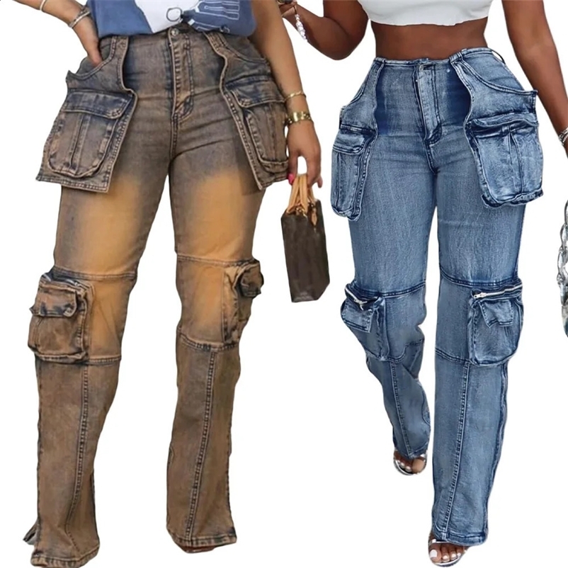 Vintage Washed Distressed Womens Jeans Ankle Length Spliced Cargo Pants Denim Pockets High Waist Streetwear Loose Fit 250225