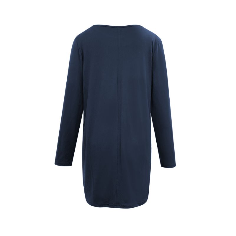 Women's Early Autumn Fashion Casual Navy Blue Long - Sleeve Top, Milk Silk Loose Mid - Length Tunic with Pockets-CF52906