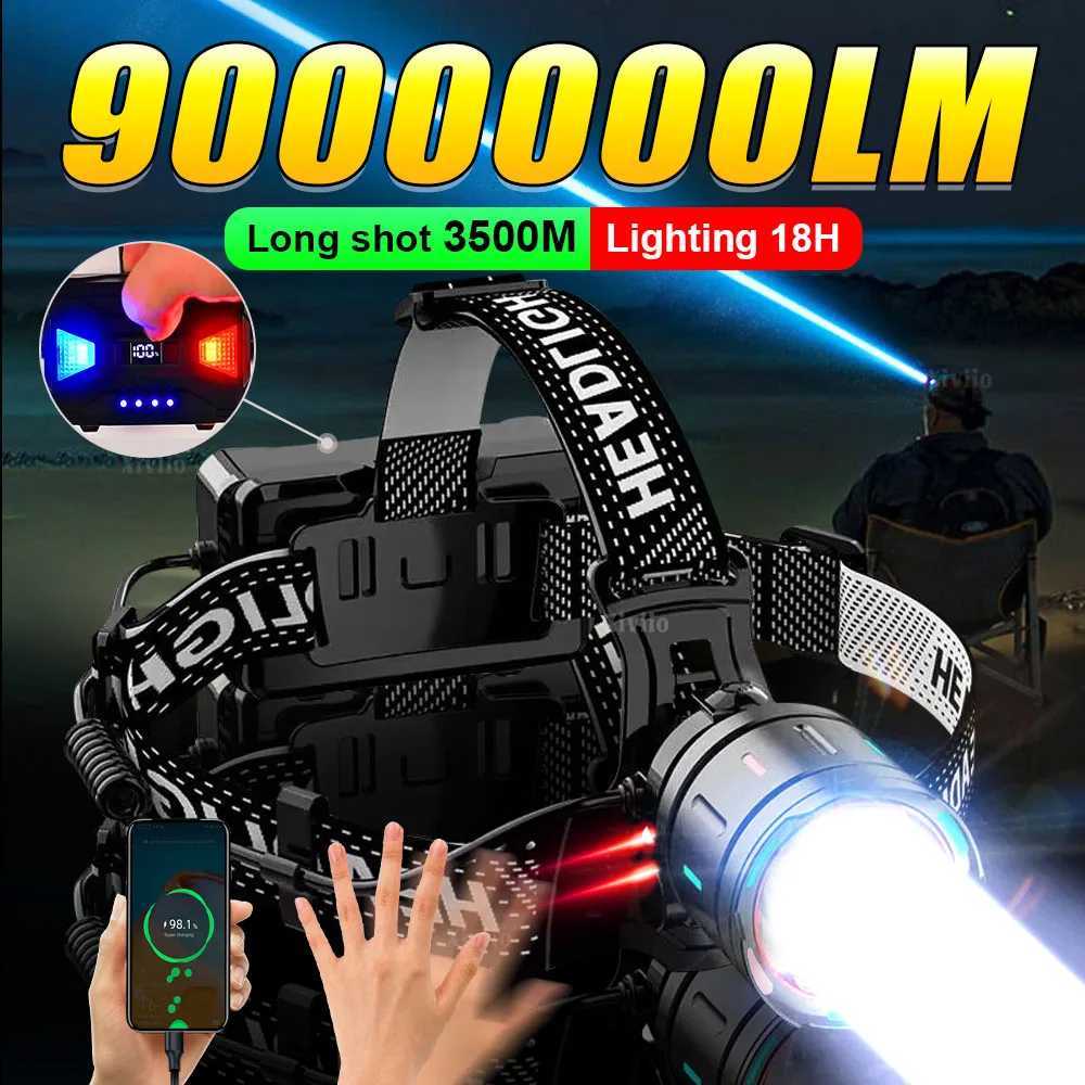 900000LM High Bright LED Headlamp Powerful Head Flashlight Rechargeable Headlight Outdoor Zoomable Head Lamp for Fishing Camping J250925