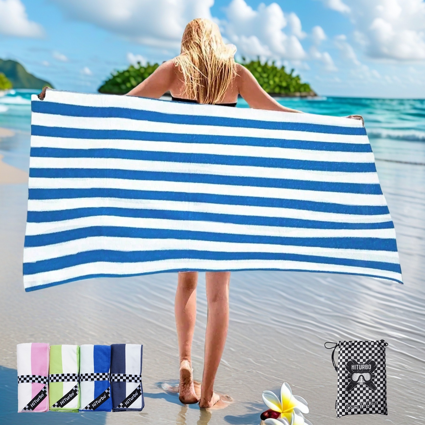 1 Piece HiTurbo Microfiber Towel Quick Dry, Extra Large, Blue White Striped Design, Lightweight and Durable, Suitable for Beach, Travel, Camping, Swim