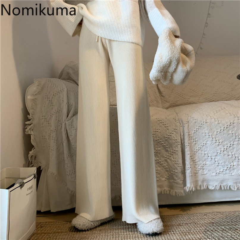 Nomikuma Women Knitted Wide Leg Pants Korean Solid Causal Long Trousers Lace Up Stretch High Waist Sweater Pants Feminimos 6D027 210427