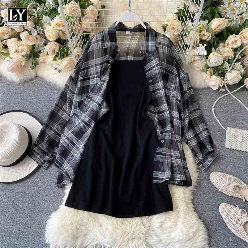 LY VAREY LIN Summer Autumn Casual Two Piece Set Long Sleeve Plaid Grey Overcoats Spaghetti Strap Slim Black Solid Dress 210708